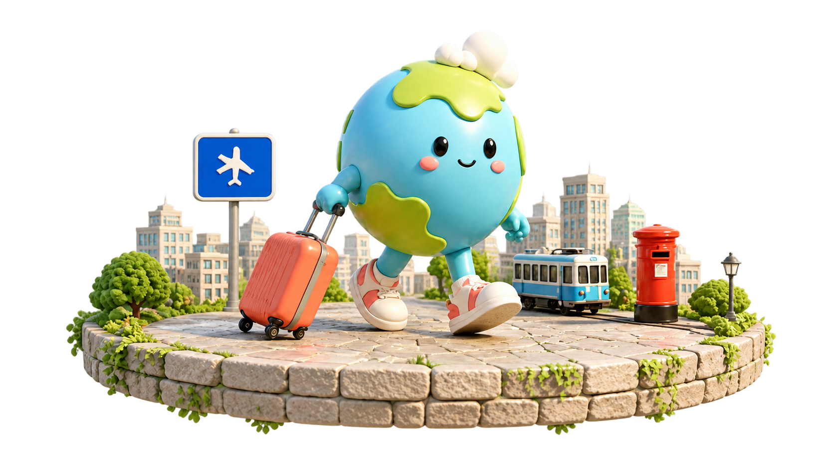 旅行中的地球角色、行李箱、电车和邮筒悬浮平台